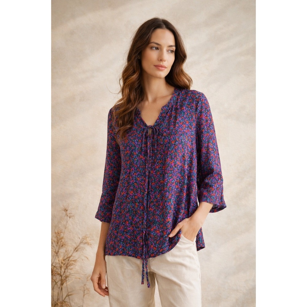 Maeve Anthropologie Size 2 Purple Floral 3/4 Sleeve Button‎ Front Tie Blouse